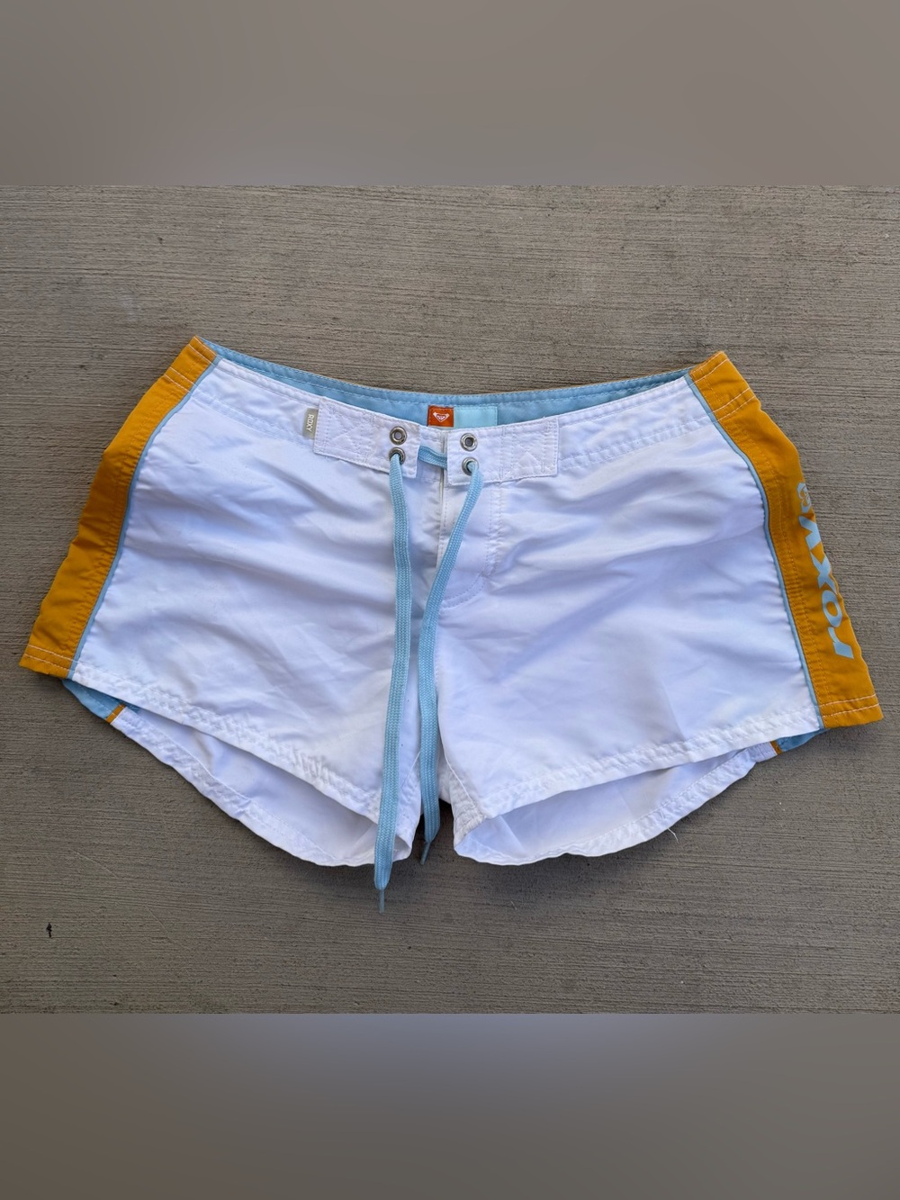 Vintage Roxy White and Mustard Women’s Swim Shorts with Aqua Drawcord